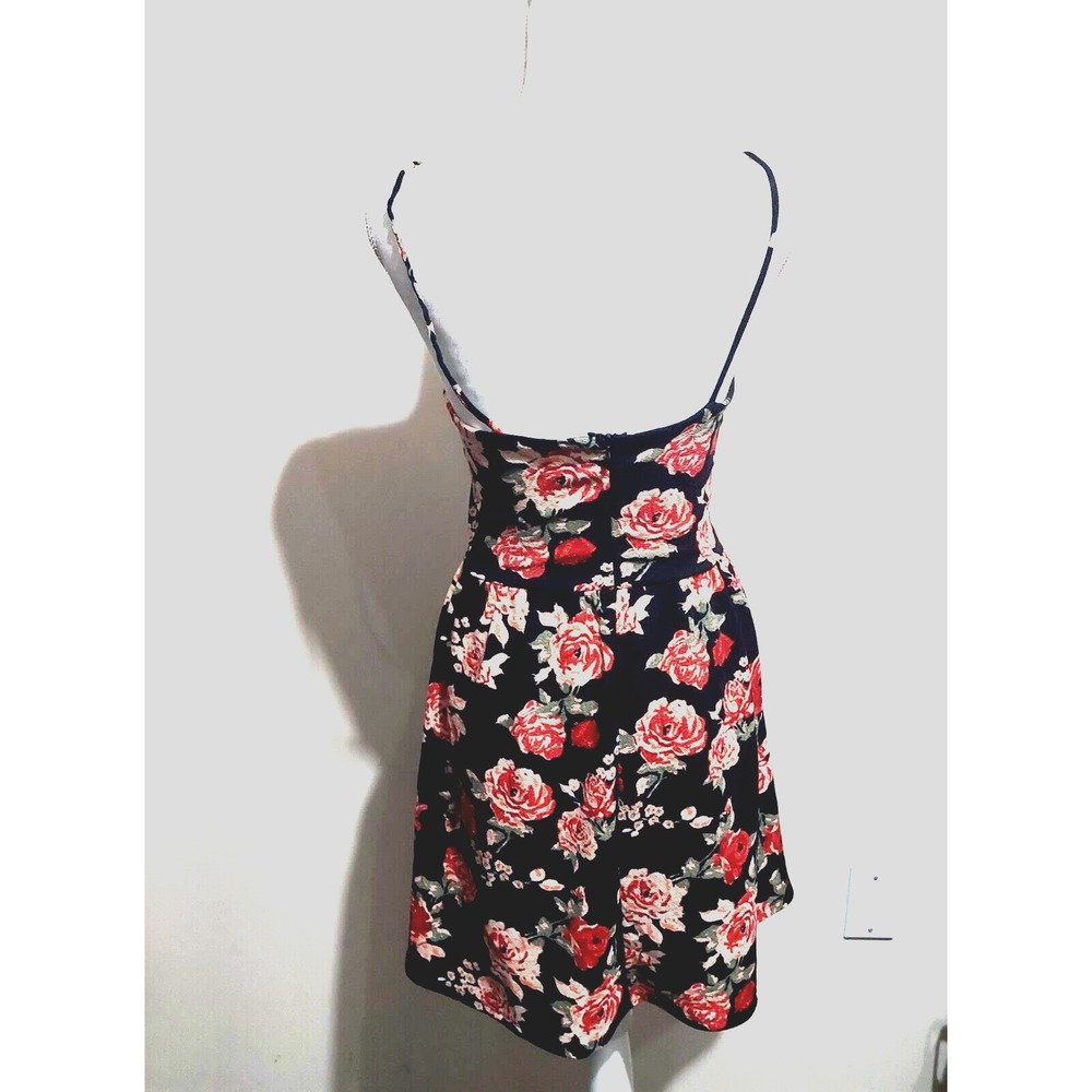 C Womens Small Black Floral Mini Dress Fit & Flare Spaghetti Straps Zipper - Picture 3 of 7